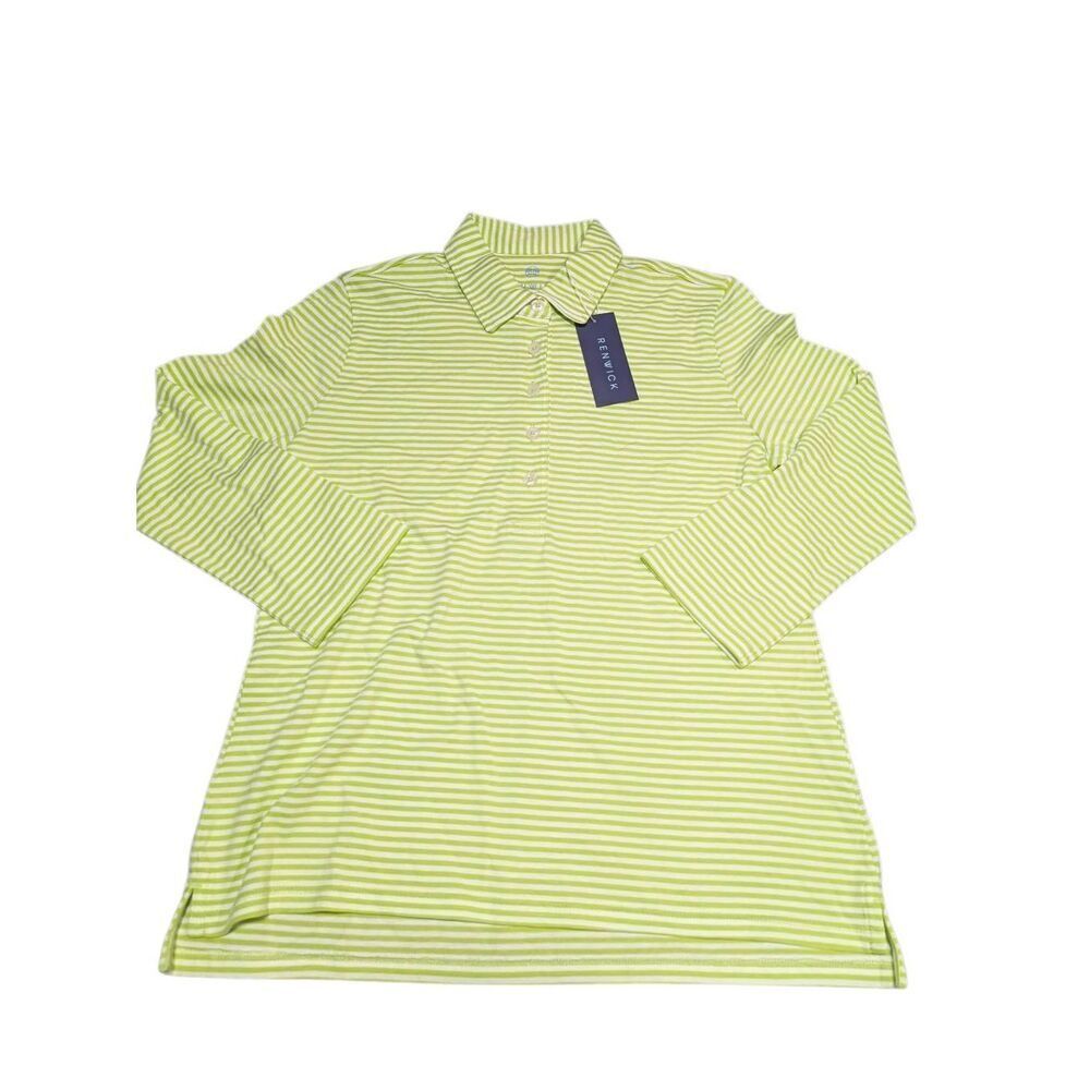 NWT Renwick 3/4 sleeve, collared polo in lime green and white stripe pattern mad